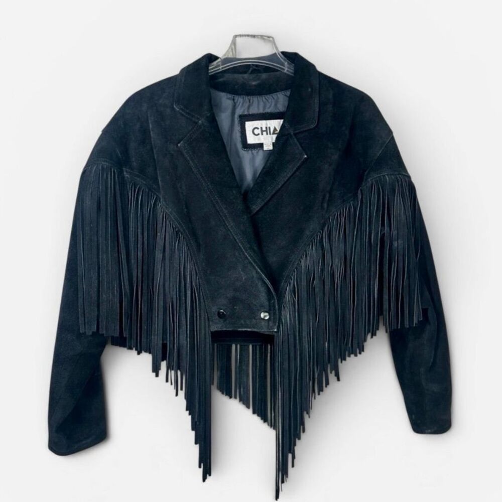 CHIA Suede Fringe Jacket M Cropped Black Western Cowgirl Boho Vintage Leather